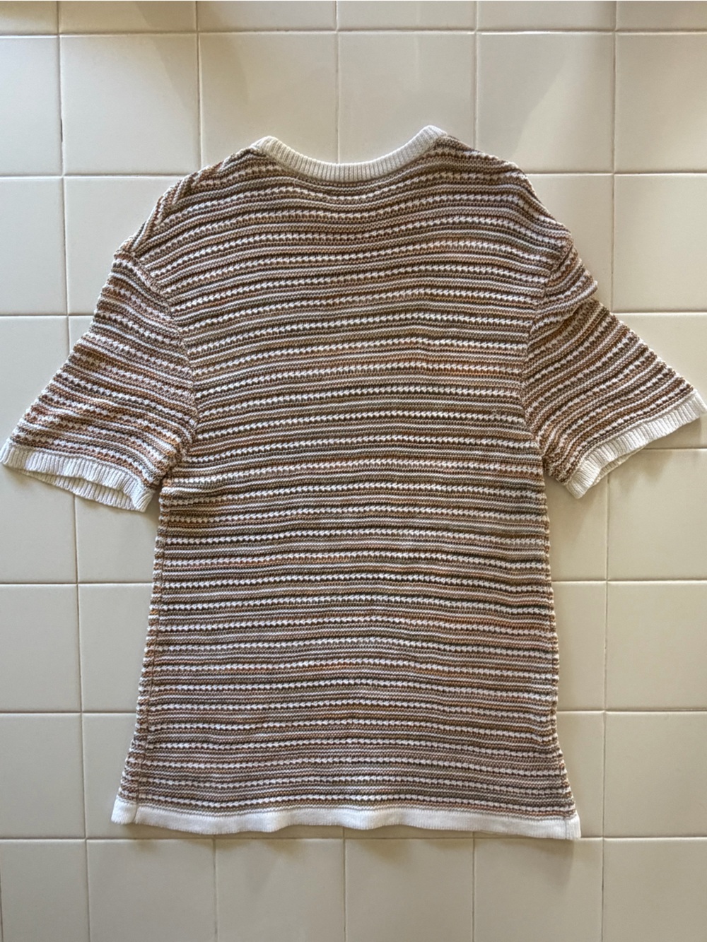 Zara Men's Textured Knit Short Sleeve Sweater Striped Tan Grey Size S/M - Picture 2 of 6